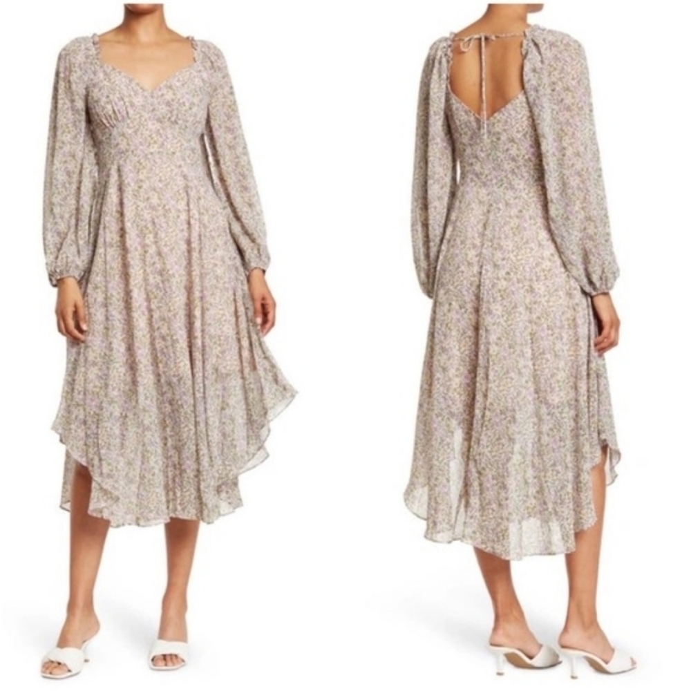 ASTR The Label Long Sleeve Floral Chiffon Midi Dress | Size S
